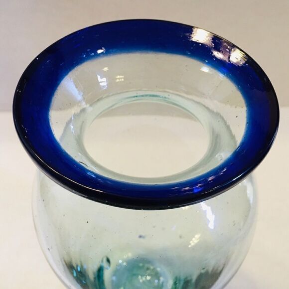 Green Tint Cobalt Blue Rim Bubbled Blown Art Glass Bud Vase - Picture 8 of 16